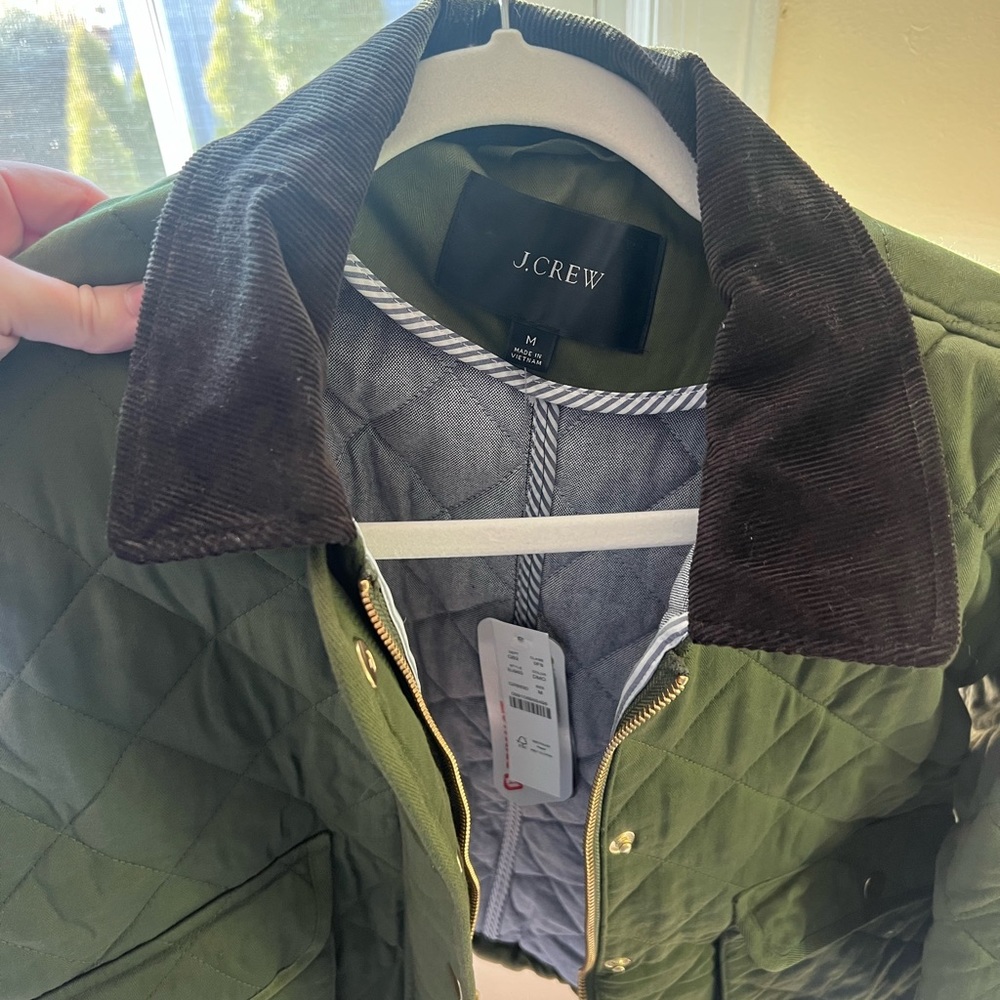 J. Crew Quilted Utility Jacket in Olive with Brown Corduroy Collar - Picture 2 of 4